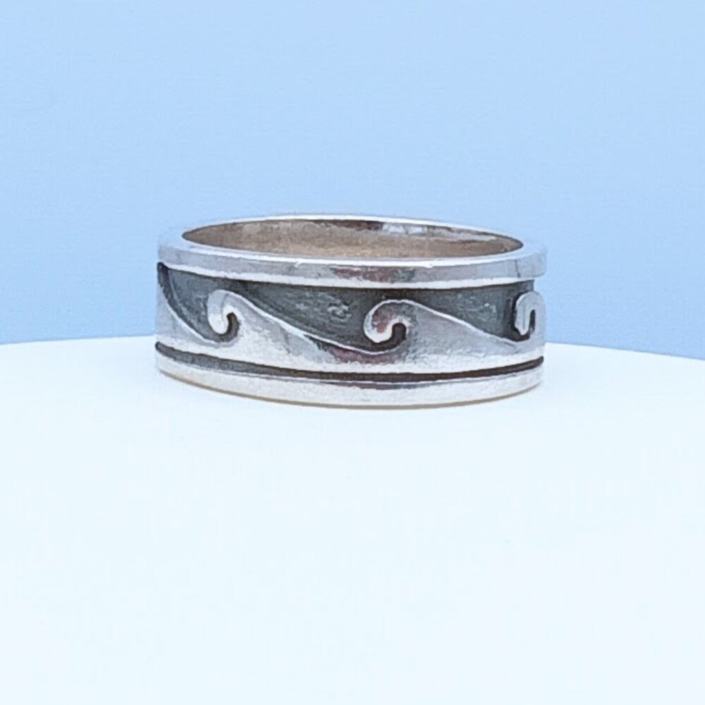 Vintage Sterling Silver Wave Scroll Oxidized Band Ring - Picture 11 of 13